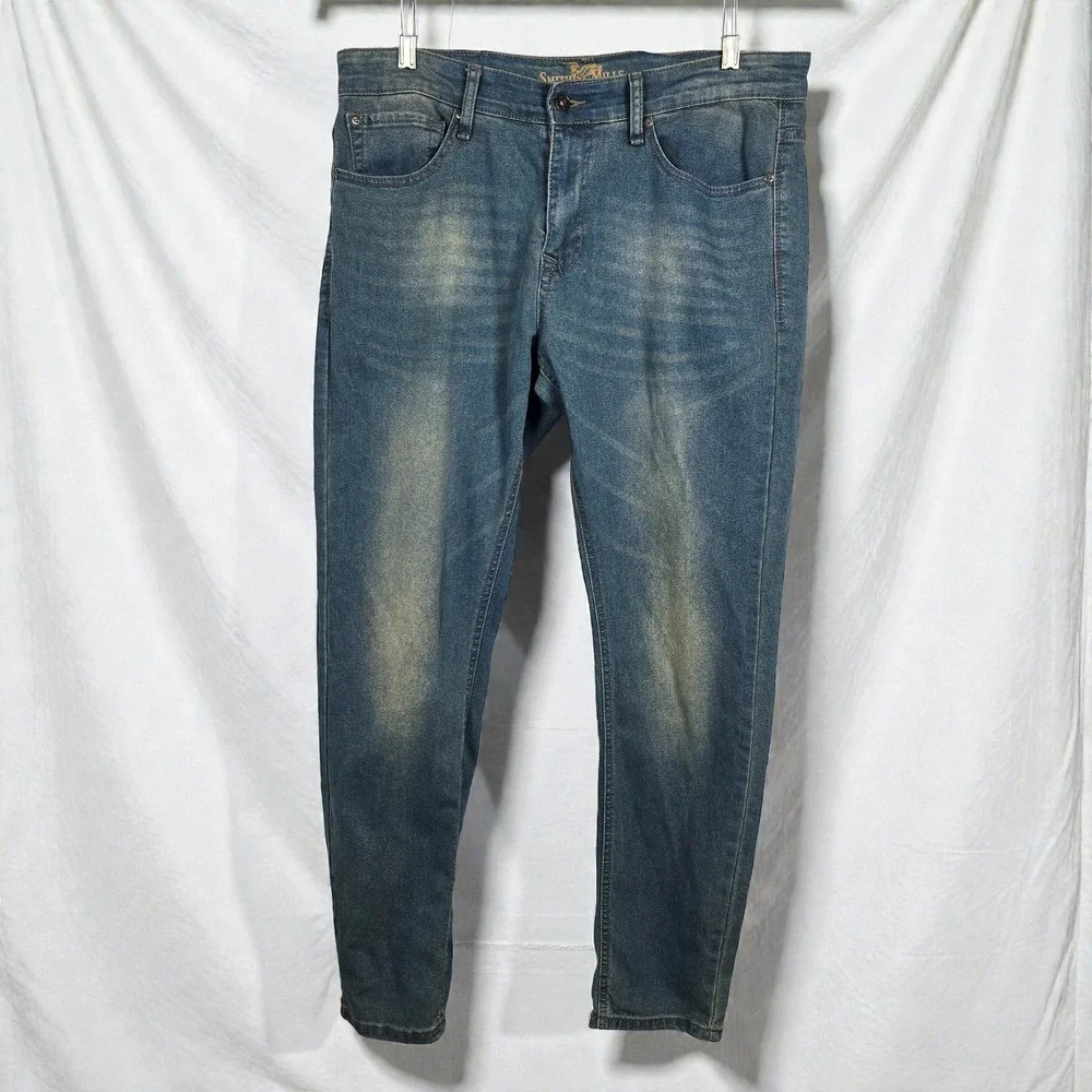 Smith Mills Mens Blue Wash Denim Jeans Straight Fit Casual Stretchy Size 34x30